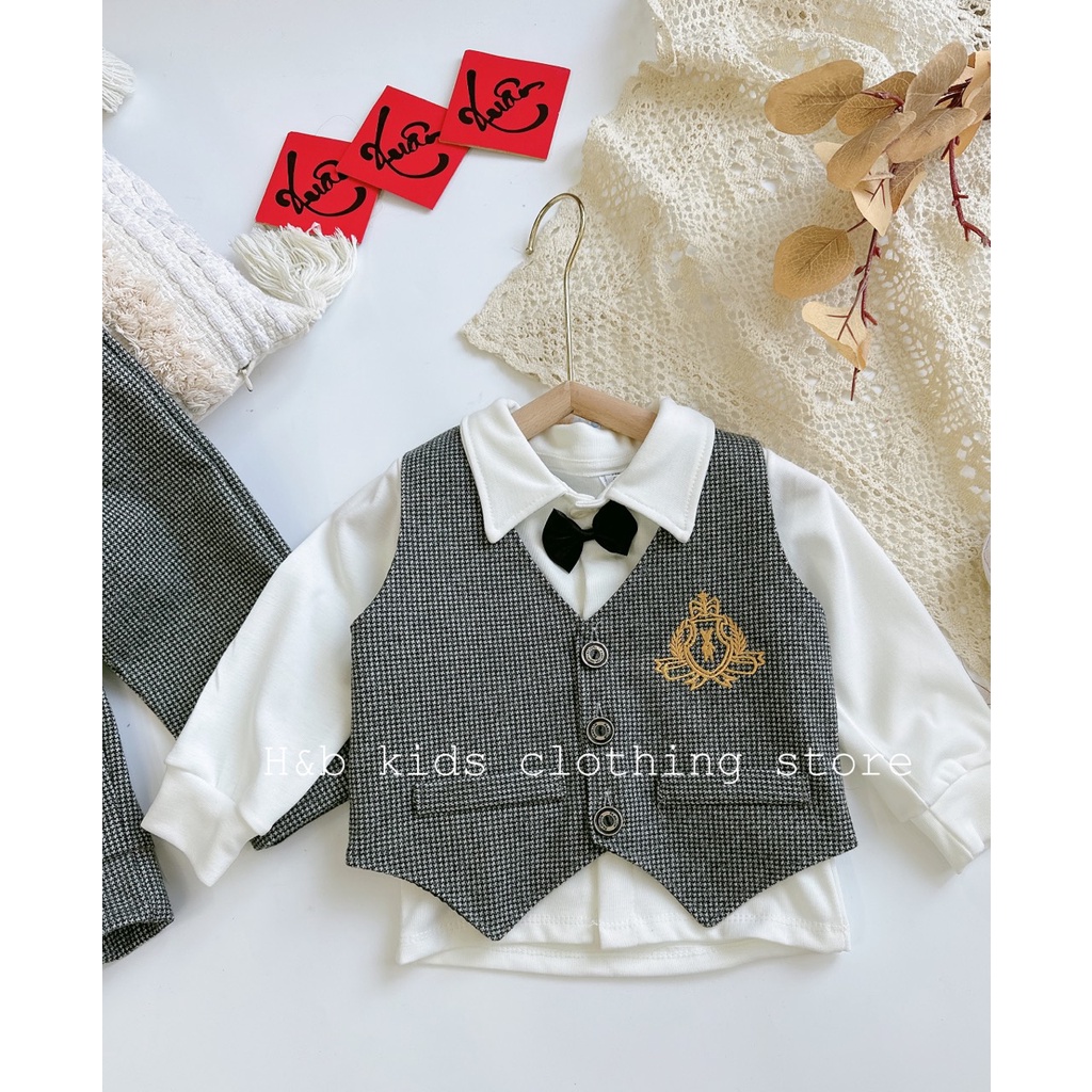 Bộ gile 3 chi tiết kèm nơ cho bé trai từ 7-18kg diện Lễ, Tết- Bộ gile bé trai- Bộ gile bé trai 8-18kg Kidbabyonline K169