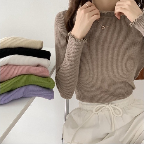 Áo len tăm viền sóng cổ 3cm, áo viền bèo mềm mịn phong cách freesize