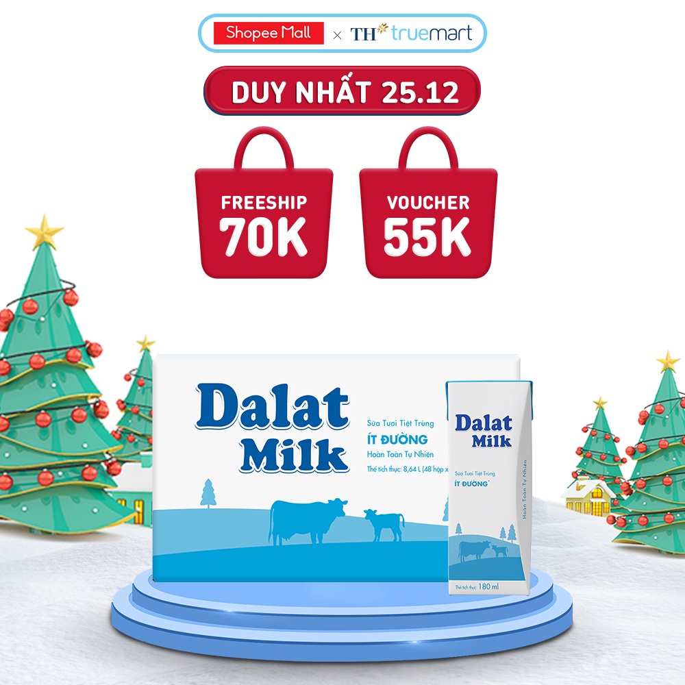 Thùng 48 hộp sữa tươi tiệt trùng ít đường Dalatmilk 180ml (180ml x 48)