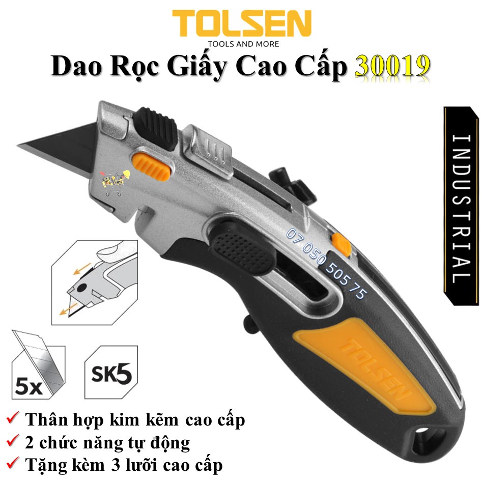 Dao rọc giấy cao cấp Tolsen 30019 | Dao trổ đa năng, cắt mica, Alu, thạch cao | Thân bằng hợp kim kẽm với TPR