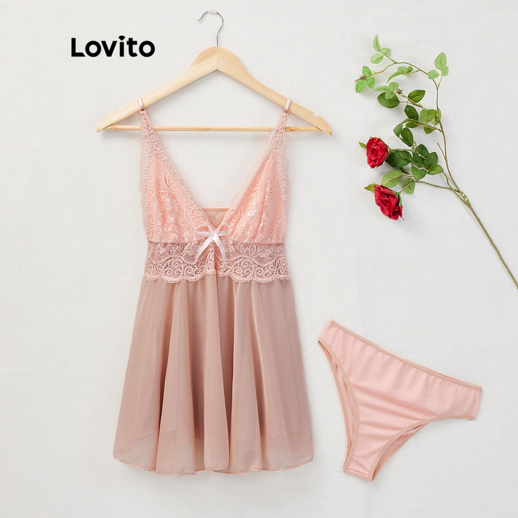 Đồ lót sexy Lovito phối ren lưng cao cổ chữ V sâu L17X059 (màu hồng/ đỏ) | BigBuy360 - bigbuy360.vn