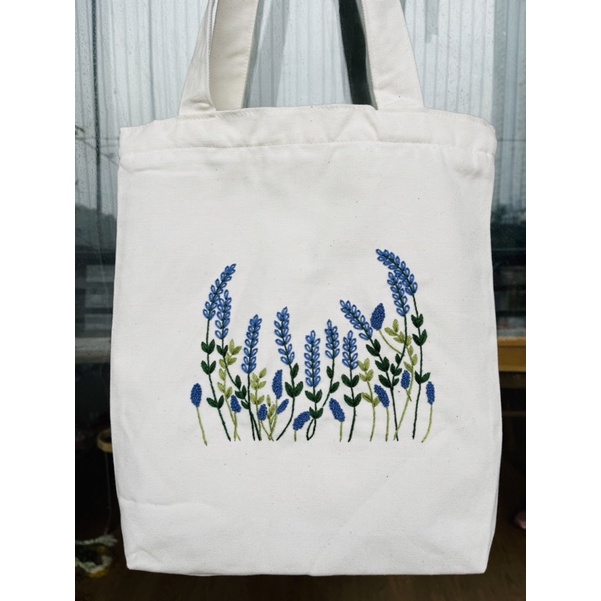 Túi canvas, túi tote thêu tay MIA họa tiết lavender có khóa kéo