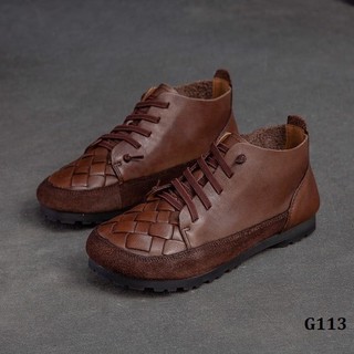 G113-Giày Handmade Retro Cột Dây Viền Da Lộn