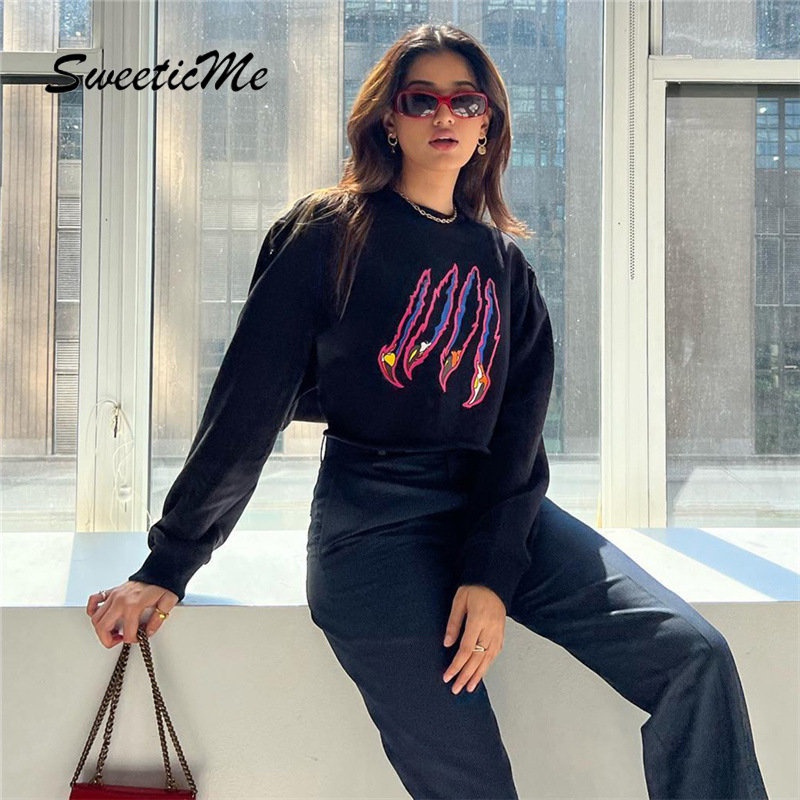 Áo Thun Sweater Cổ Tròn Tay Dài Dáng Ôm In Họa Tiết Thời Trang   Cho Bạn Gái