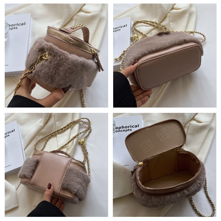 Túi Xách Đeo Chéo Hình Trụ Phối Lông Nhung Phong Cách Thời Trang Retro 2022 Mới