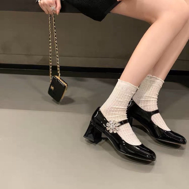 Giày búp bê Miu hoa đá gót vuông tiểu thư