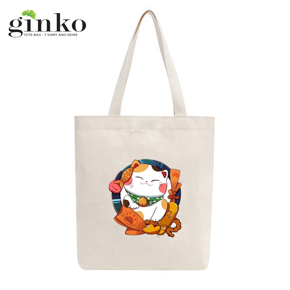 Túi Tote GINKO Vải Canvas  có dây kéo khóa (có túi con bên trong) In Hình Mèo Thần Tài Cute 2023-GK20