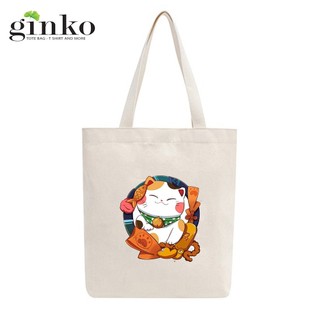 Túi tote ginko vải canvas có dây kéo khóa in hình mèo thần tài cute -gk20