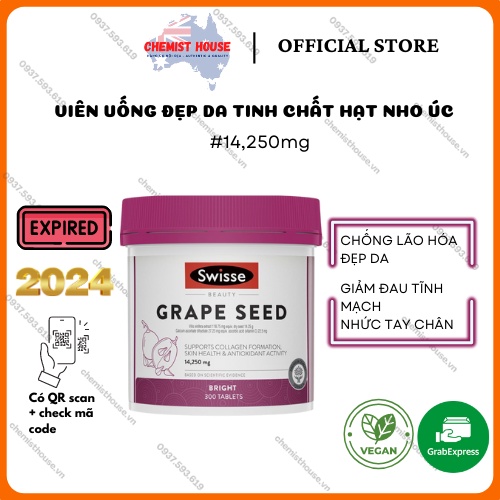 Viên uống tinh chất hạt nho đẹp da trẻ hóa làn da chống oxy hóa Swisse Grape Seed 14,250mg lọ 180 viên 300 viên HSD Xa