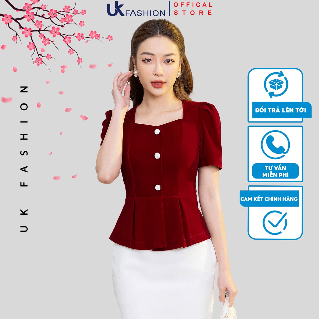 Áo Nhung Peplum Tay Ngắn UK FASHION Thiết Kế Cổ Vuông Sang Trọng Chất Vải Nhập Hàn Cao Cấp NKSM2211003