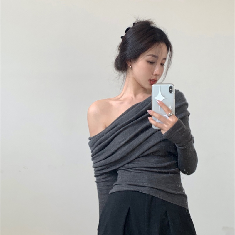 COZOKC COZOK Áo thun dệt kim COZOK trễ vai mỏng dài tay