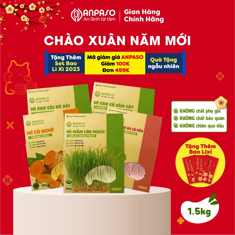 Combo Mix 5 Vị Mì Rau Củ Organic Anpaso 1.5kg , Eat Clean Giảm Cân, Ăn Chay