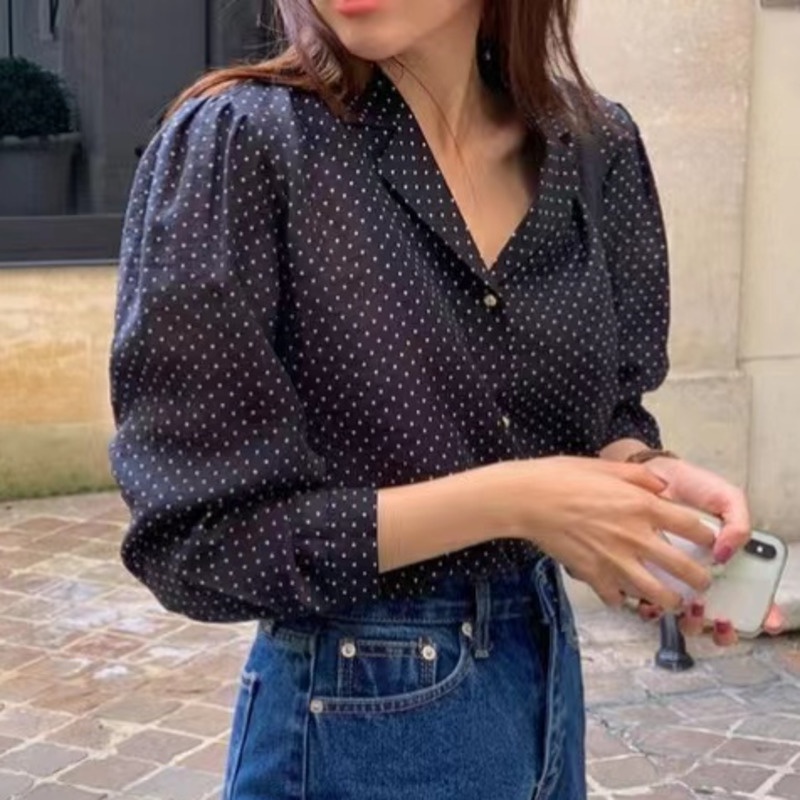 Áo Sơ Mi Tay Dài Họa Tiết Chấm Bi Phong Cách Hàn Quốc Thời Trang Cho Nữ