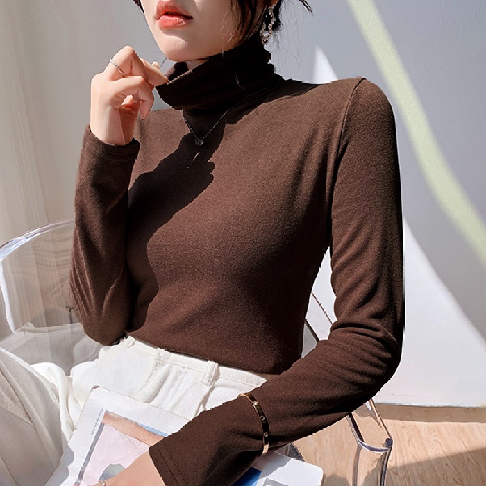 Áo Thun Tay Dài Cổ Cao Màu Trơn Thời Trang Mùa Thu Cho Nữ