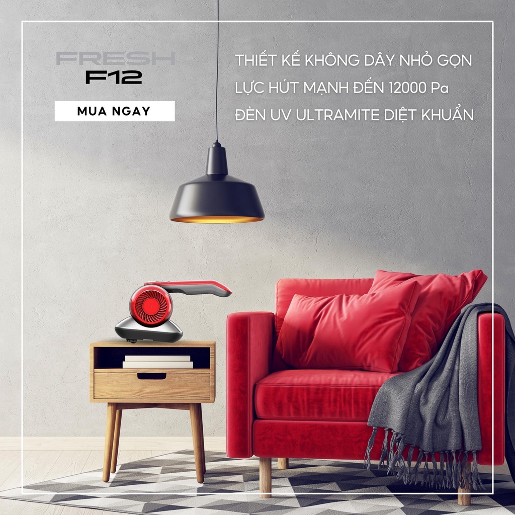 Máy hút bụi giường nệm đệm UNIQ Fresh F12 không dây đèn UV diệt sạch vi khuẩn ga sofa lông cao cấp cầm tay mini đa năng