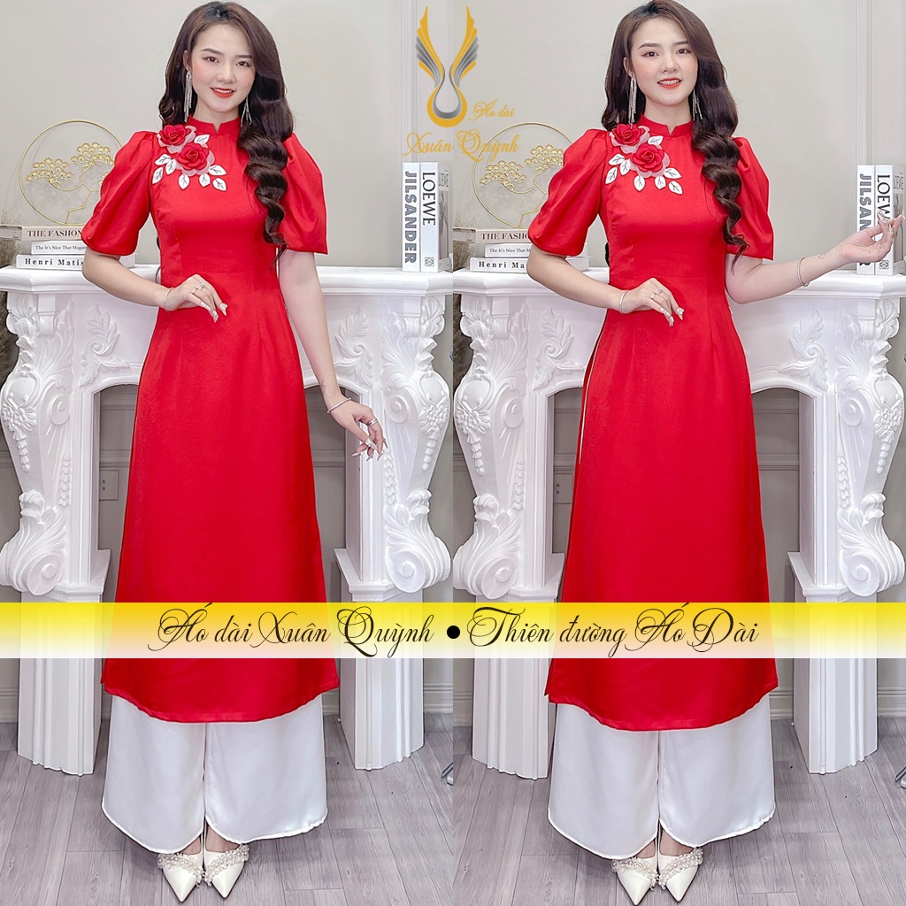 Áo Dài Cách Tân Đỏ Đính Kết Hoa Lụa Duyên Dáng, Lụa Tây Thi Cao Cấp H97 - Áo Dài Xuân Quỳnh