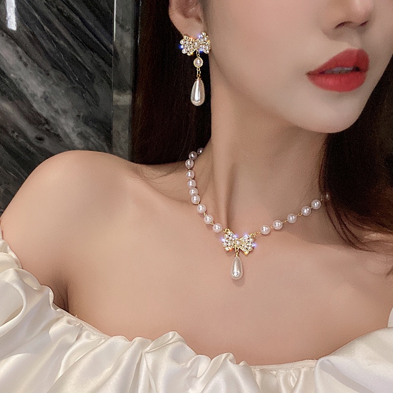 Bộ Dây Chuyền + Bông Tai Mạ Bạc 925 Hình Nơ Đính Kim Cương Nhân Tạo Phong Cách Hàn Quốc Cho Nữ