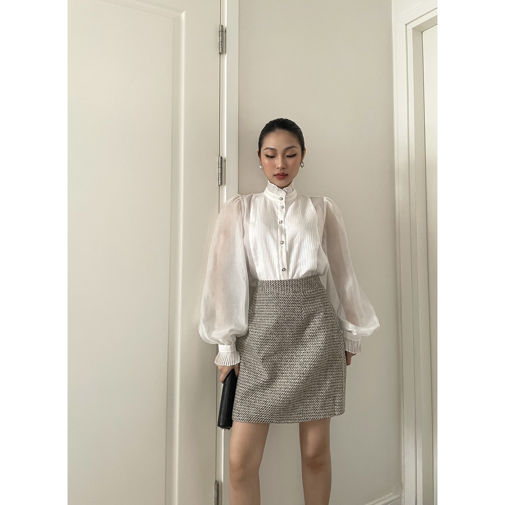 Áo sơ mi organza tơ tằm cổ bèo dập li HUONG BOUTIQUE HBSM1026