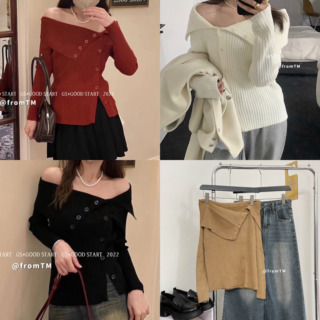 Áo len trễ vai cúc lệch, Áo len nữ dài tay Hàn Quốc
