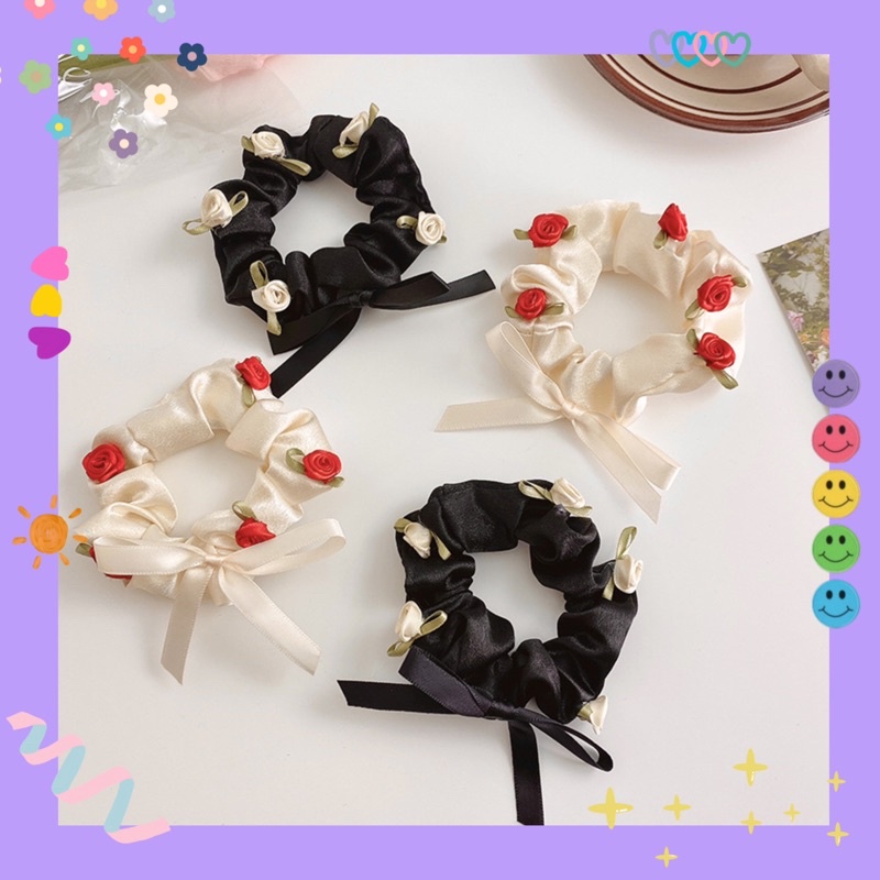 Scrunchies cột/buộc tóc lụa đính Hoa cột Nơ tiểu thư 🌹(trắng/ đen)