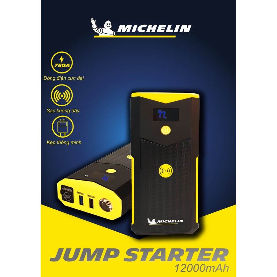 Bộ kích bình ô tô 750A - 1500A chuyên dụng kiêm sạc dự phòng không dây 12000 mAh có đèn pin Michelin 4165ML