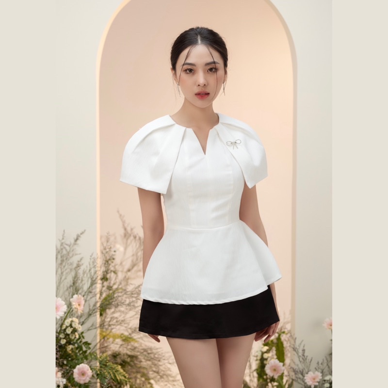 ÁO CHÍT EO CỔ BÈO XẾP LY THANH LỊCH - DIANA TOP kèm nơ & chân váy chữ A