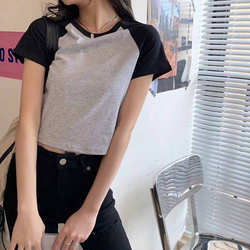 IELGY Áo Thun Ngắn Tay Màu Sắc Tương Phản Phong Cách Hàn Quốc Cho Nữ