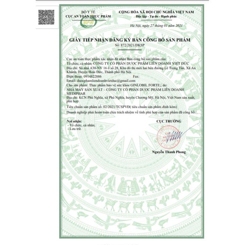 Tăng cường lưu thông máu não GINLOBIL FORTE Hộp 100v - Viên uống bổ sung dưỡng chất cho não chứa Citicolin, Omega 3