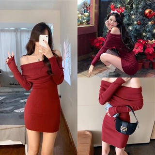 Váy Len Đỏ Trễ Vai Tay Dài Ôm Body Dáng Ngắn (hàng QCCC) Đầm Đỏ Giáng Sinh, Tết