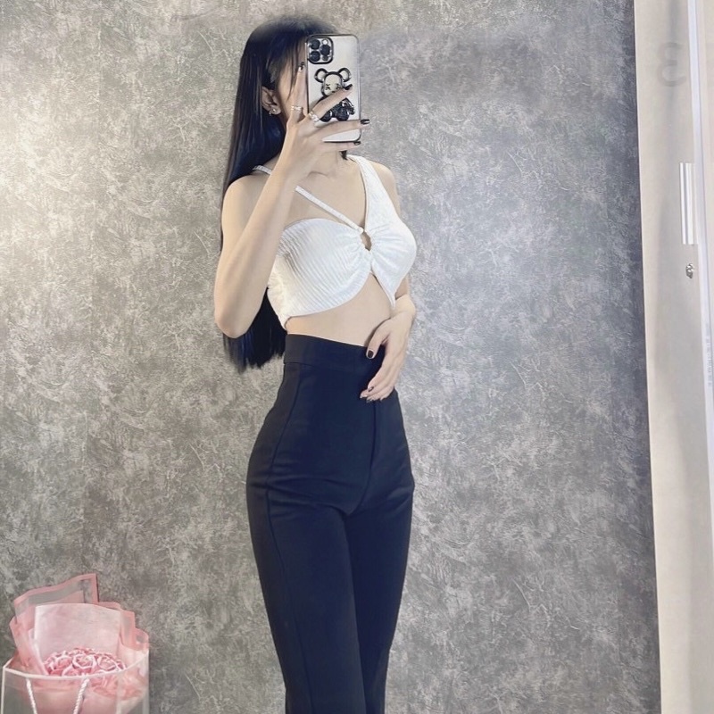 Áo croptop khoen ngực kiểu lệch vai ôm body