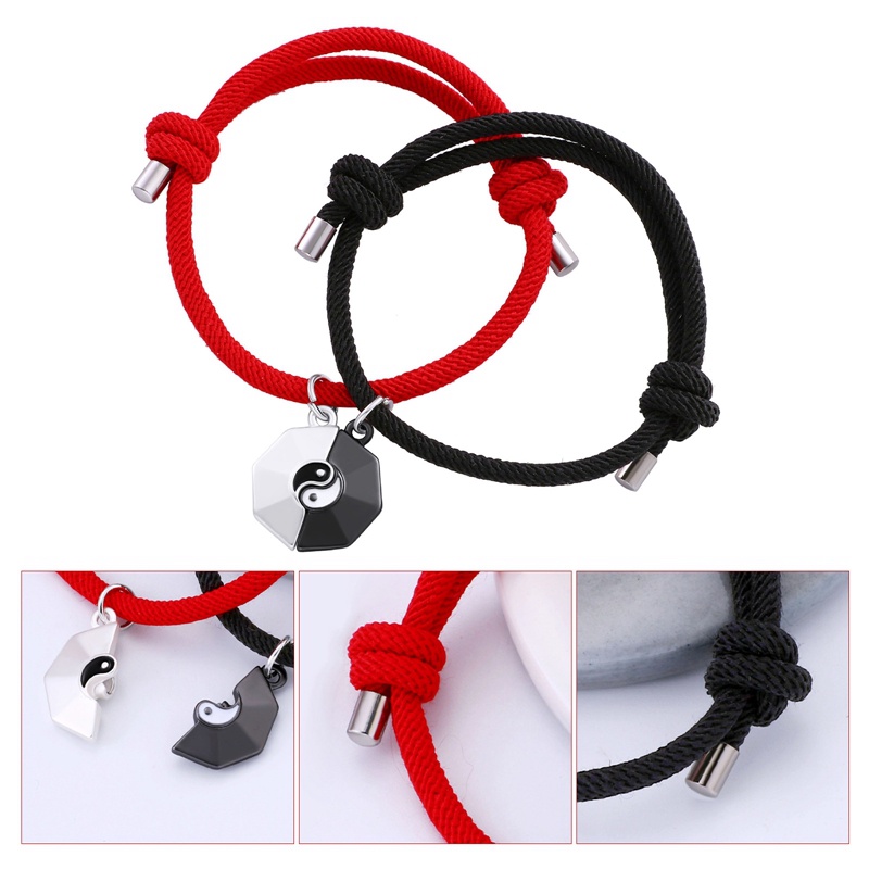 Set 2 Vòng Tay Dây Thừng Phối Mặt Hình Trái Tim Có Nam Châm Thời Trang Cho Cặp Đôi