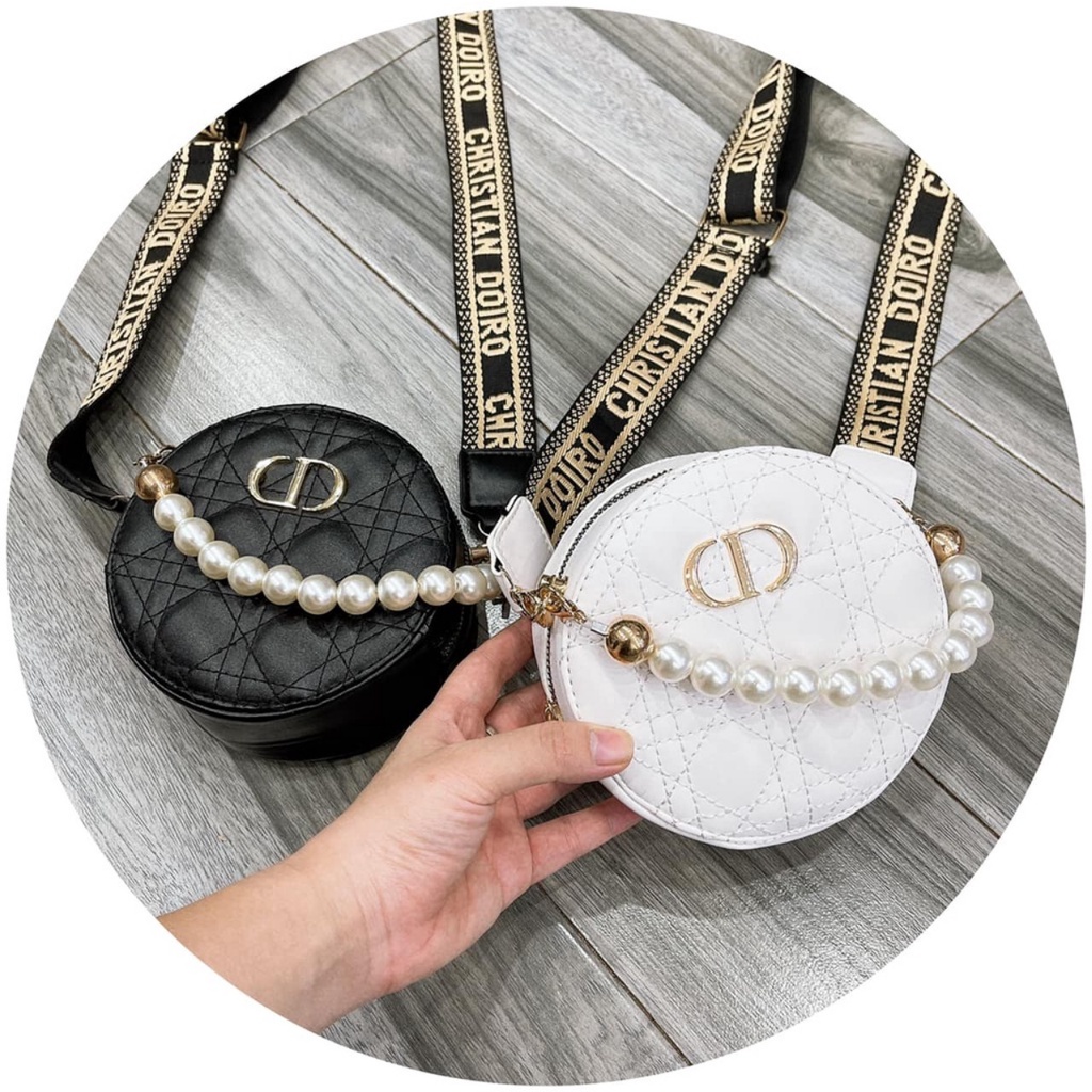 Túi tròn -Dior- CD quai ngọc dây bản to da lì sang trọng, túi đeo chéo hộp tròn T98