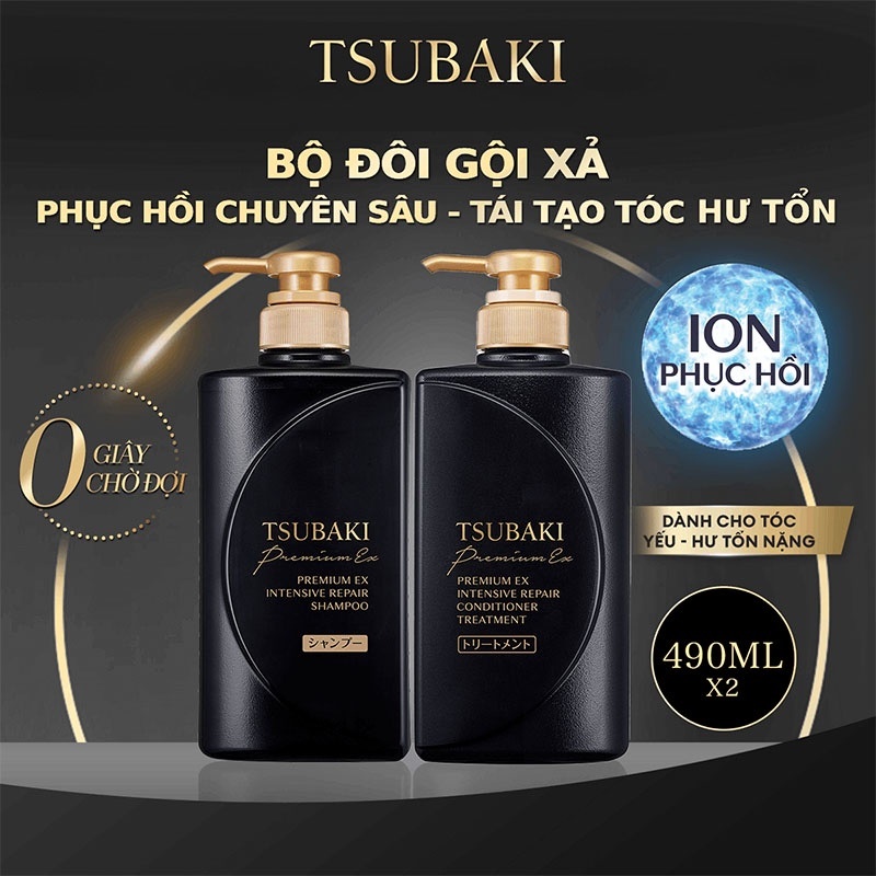 Bộ Đôi Gội Xả Phục Hồi Hư Tổn Nặng & Giảm Gãy Rụng - Công Nghệ Ion Tsubaki Premium EX Intensive Repair 490ml/chai