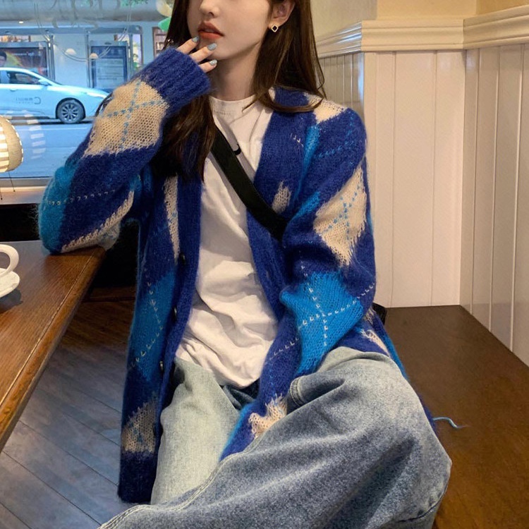 Sản Phẩm Cao Cấp Niche Áo Khoác Cardigan Dệt Kim Màu Xanh Dương Sang Trọng Phong Cách Châu Âu Thời Trang Thu Đông Mới 2023