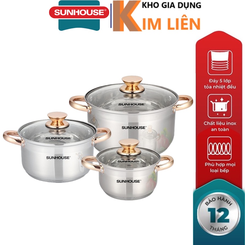 Bộ 3 nồi INOX 5 đáy từ SUNHOUSE SH781 16/20/24cm - Dùng mọi loại bếp - Hàng chính hãng