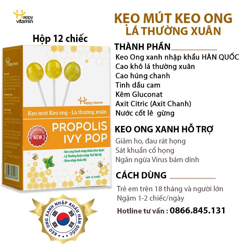 Kẹo mút ho keo ong lá thường xuân Happy Vitamin hỗ trợ ngăn ngừa ho, viêm họng, khản tiếng, bảo vệ vòm họng 12 que/hộp