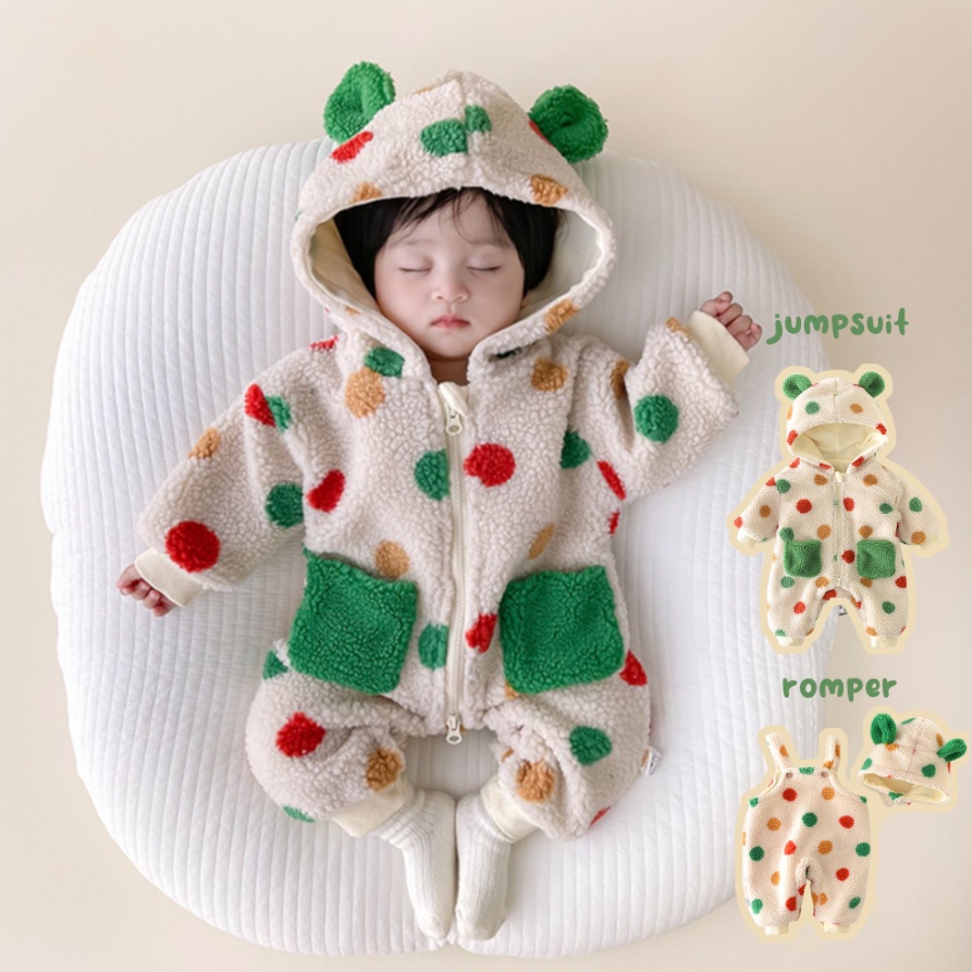 Bộ Áo Liền Quần Lót Lông Cừu Dày Dặn Họa Tiết Chấm Bi Màu Sắc Tương Phản Thời Trang Thu Đông Cho Bé