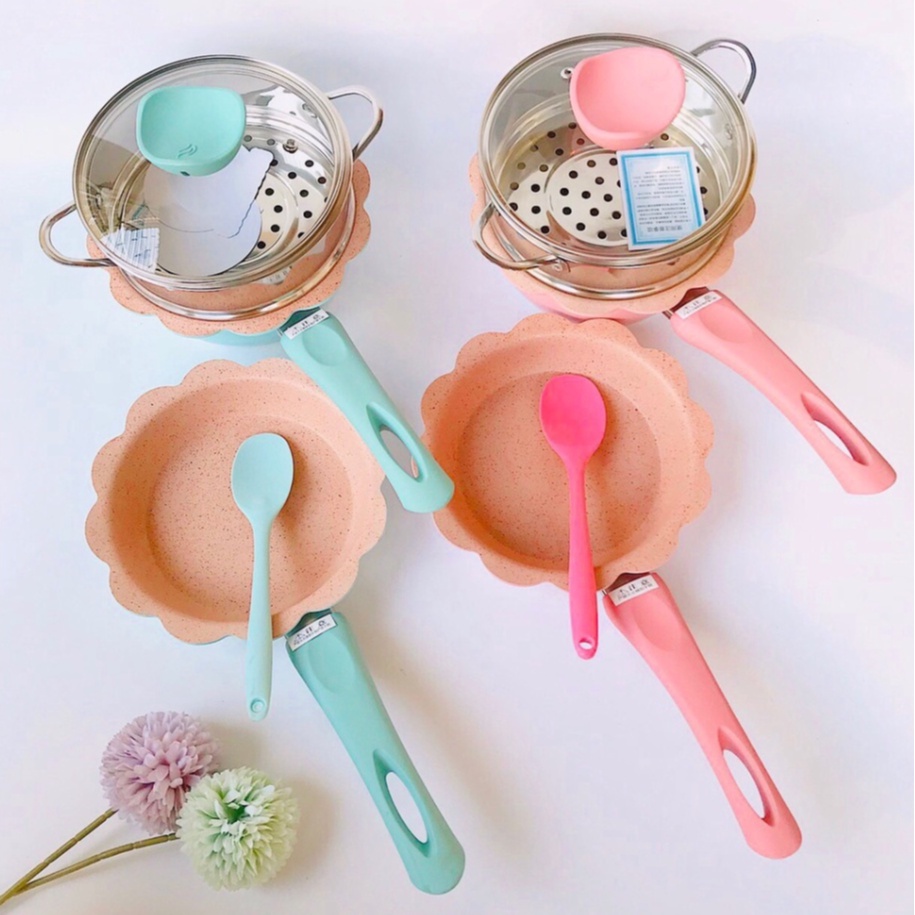 Bộ Nồi Chảo Chất Liệu Đá Hoa Chống Dính Kèm Xửng Hấp Và Thìa Silicone Cho Bé YOOTA BABY
