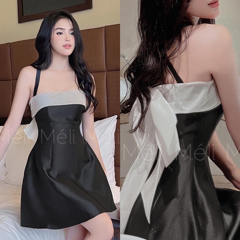 ĐẦM ĐEN 2 DÂY CHÉO LƯNG PHỐI NƠ TRẮNG