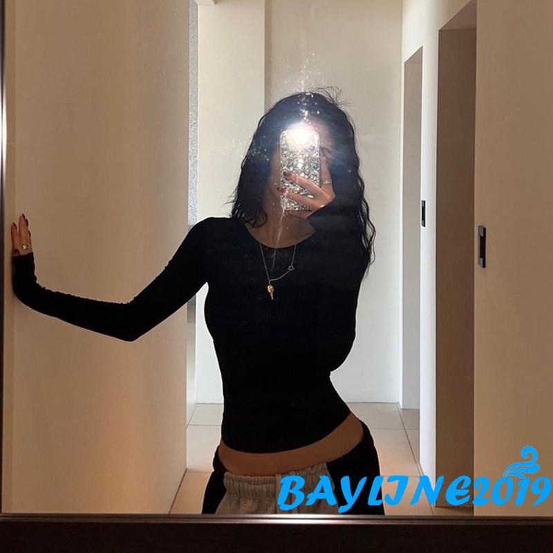 Áo Thun Tay Dài Cổ Tròn Màu Trơn Dáng Ôm Thời Trang Xuân Hè Cho Nữ