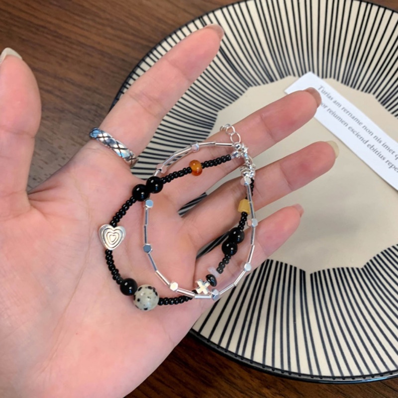 Vòng Tay Hai Lớp Xỏ Hạt Đen Nhẹ Nhàng Phong Cách Hàn Quốc Cổ Điển niche Thiết Kế Tinh Tế