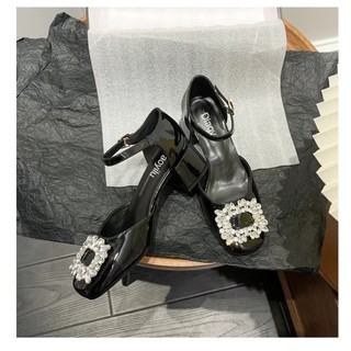 Giày sandal gót vuông 3cm tag nơ đá fullbox da bóng