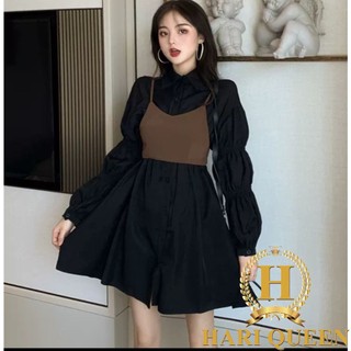 Sét váy sơ mi đen + áo gile nâu dtr0621