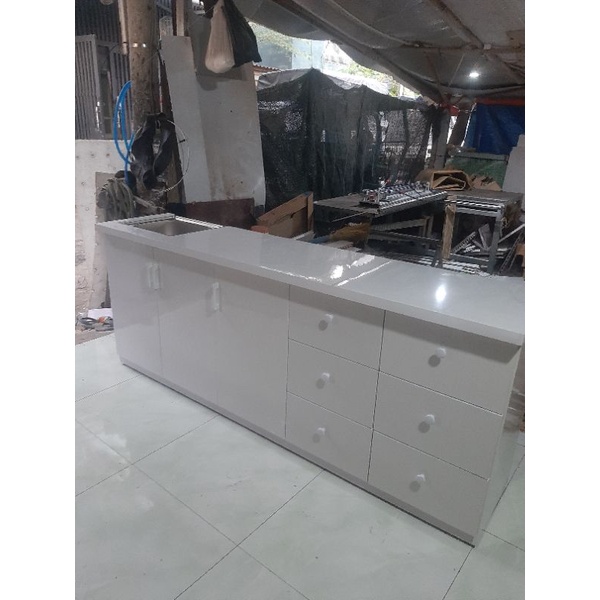Tủ Bếp Nhựa Đài Loan Cao Cấp - 3 Cánh - 6 Hộc Kéo - Bề Mặt Dán Gạch Men - Có Bồn Rửa - Free Ship và Lắp Đặt TP.HCM