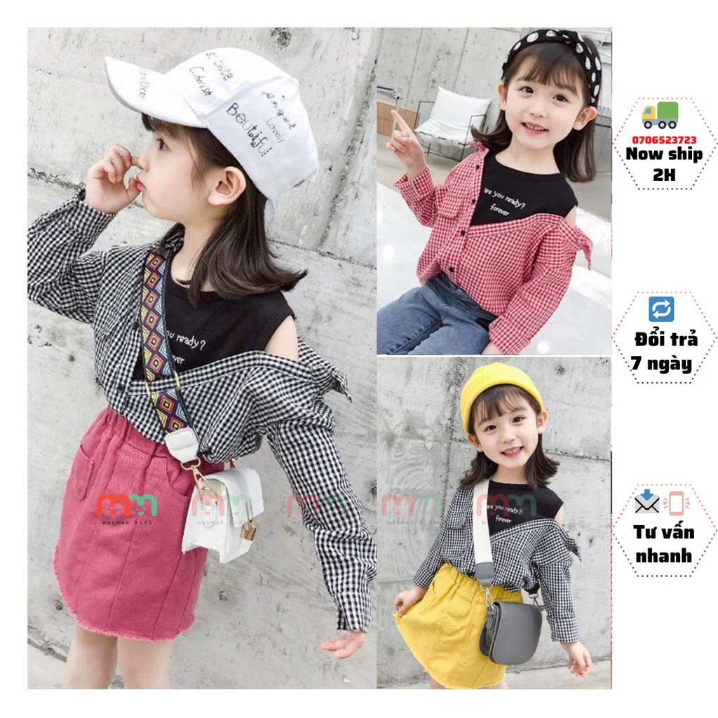 Áo sơ mi bé gái dài tay trễ vai cá tính chất kate caro mềm thấm hút mồ hôi may liền áo thun trễ vai cho bé 25kg đến 43kg