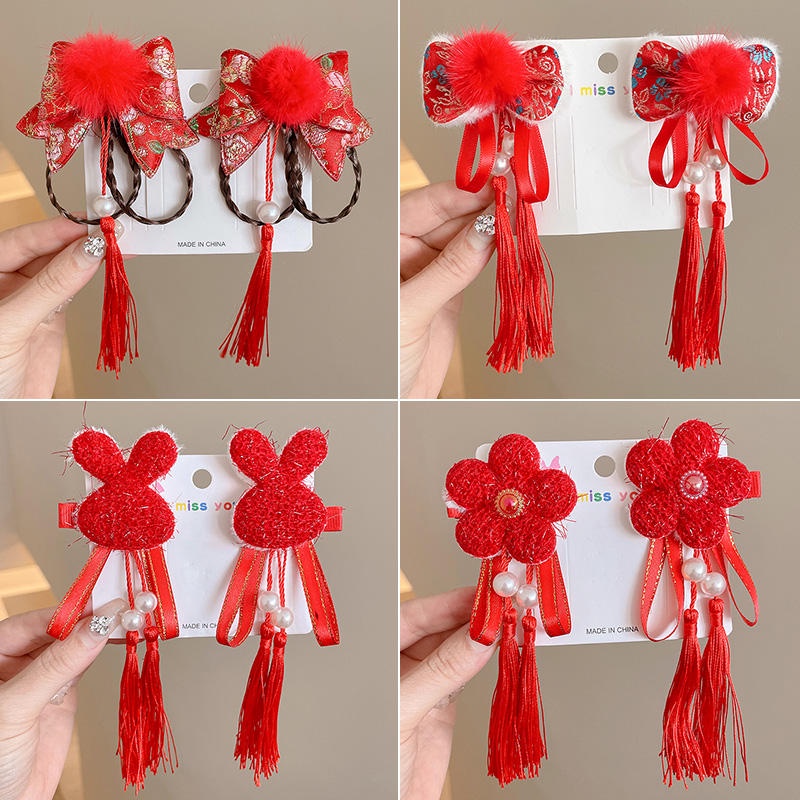 Kẹp Tóc Nơ Màu Đỏ Phong Cách Trung Hoa Mừng Năm Mới Cho Bé Gái