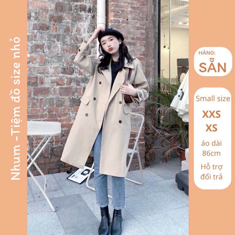 Order. Áo măng tô dáng dài size nhỏ Xs, có đai lưng, màu kem, vải mềm.