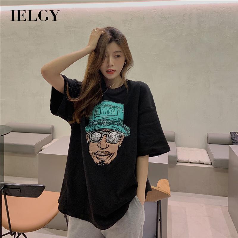 IELGY Áo Thun Ngắn Tay Dáng Rộng In Họa Tiết Kiểu retro Cá Tính