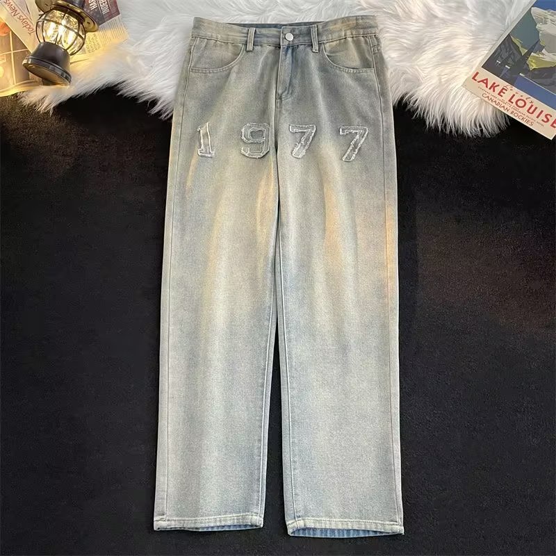 Quần Jeans Dài Ống Rộng Thêu Chữ 1977 Phong Cách Đường Phố Mỹ Size S-3XL Thời Trang Thu Đông Cho Nam