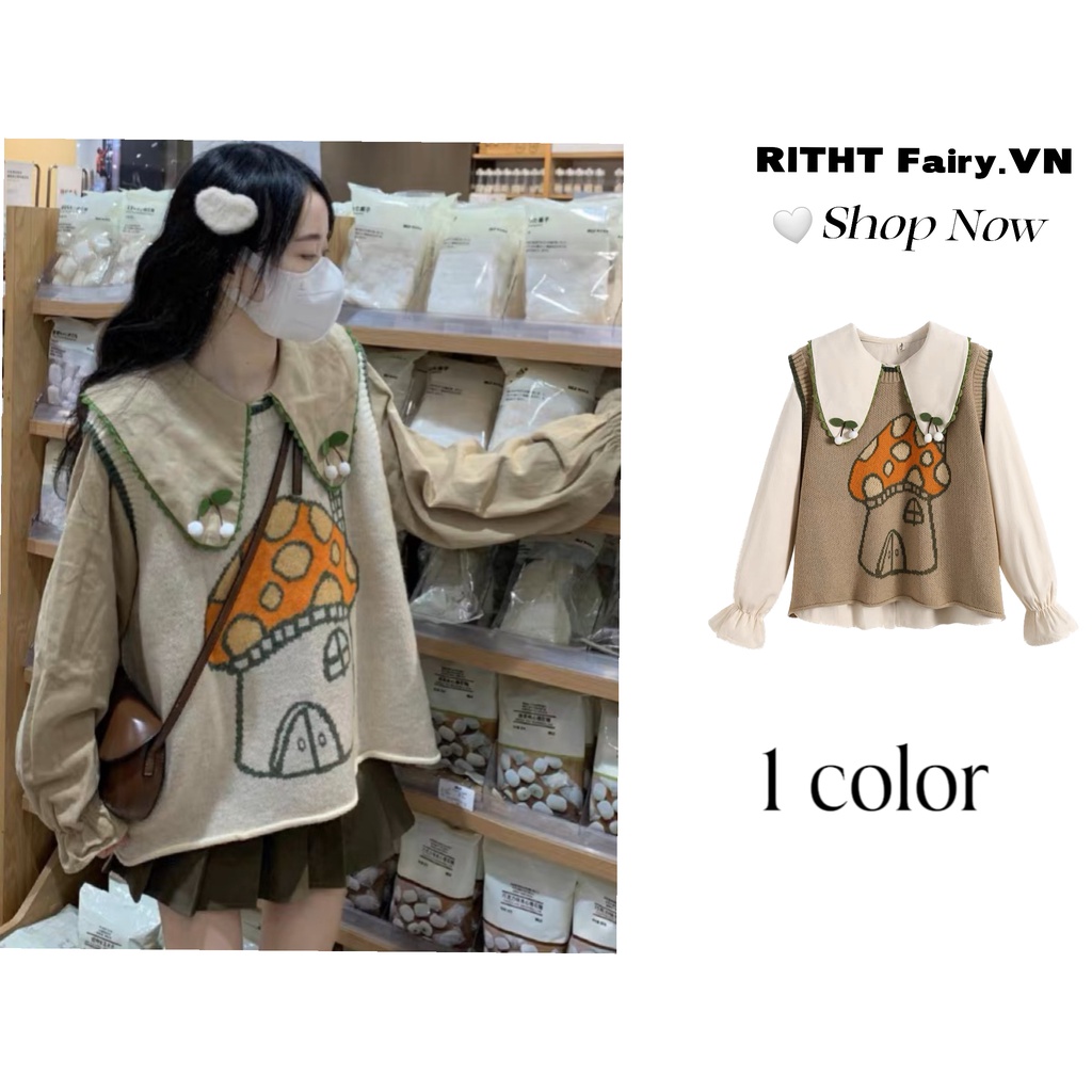 áo ghi lê nữ Set Áo Sơ Mi Cổ Búp Bê Và Áo Len Không Tay Phong Cách Retro Nhật Bản